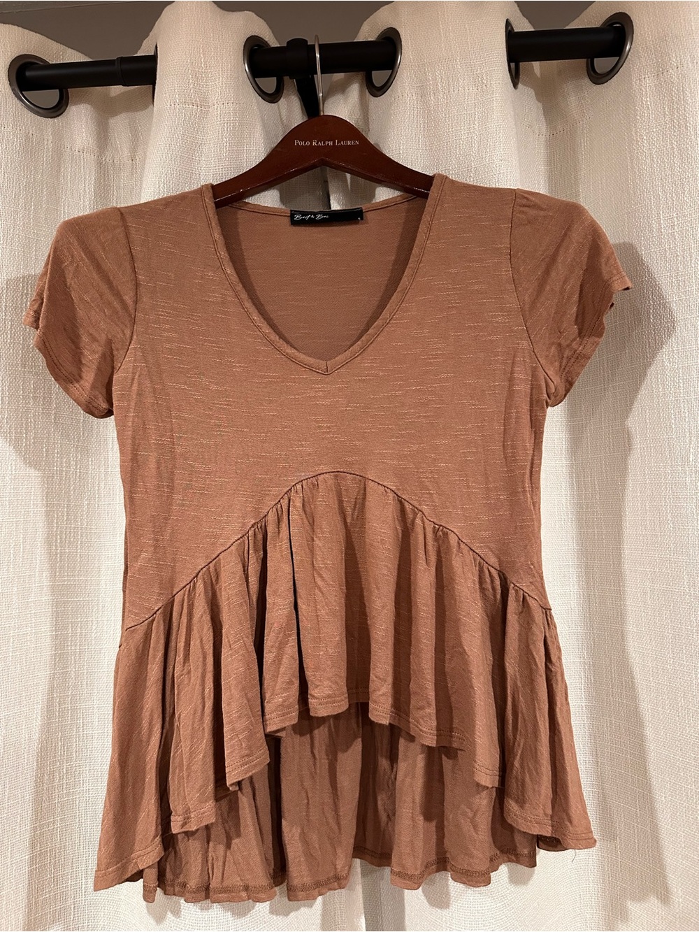 Brit & Bri Ruffled V-Neck Short Sleeve Peplum Top - Brown